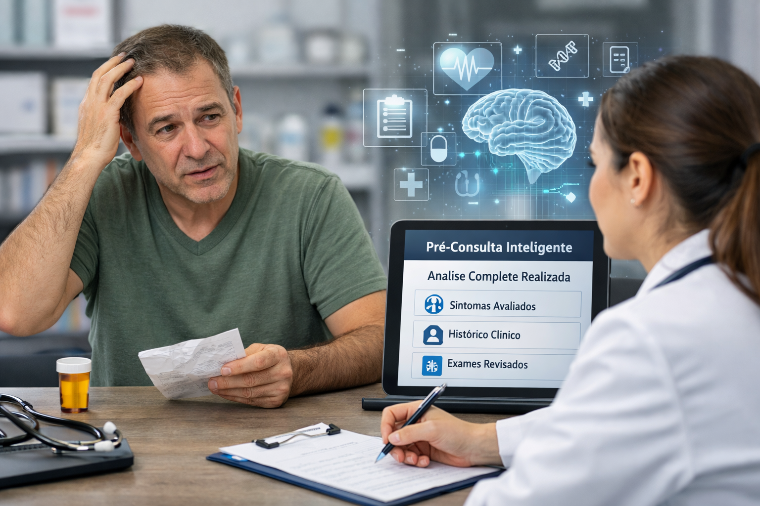 Paciente em consulta médica utilizando pré-consulta inteligente com inteligência artificial, onde sintomas, histórico clínico e exames já foram analisados antes do atendimento para melhorar a eficiência da consulta.