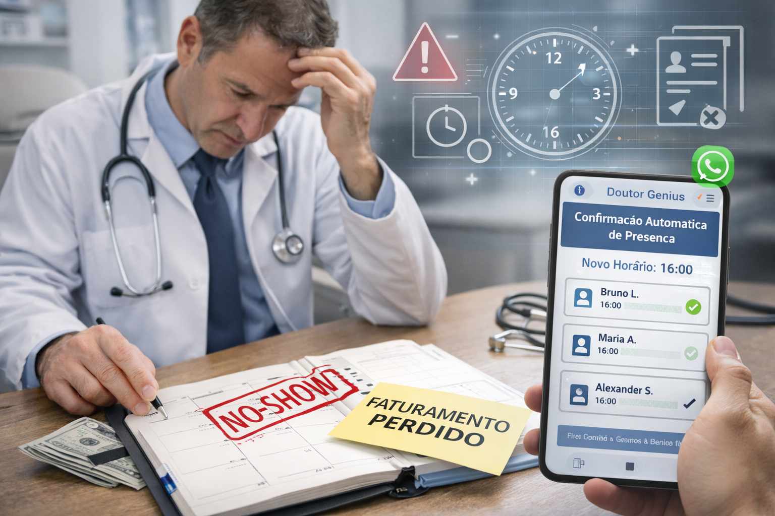 Médico em consultório analisando agenda com no-show e faturamento perdido, enquanto sistema inteligente no celular confirma automaticamente consultas e reorganiza horários para evitar prejuízos.