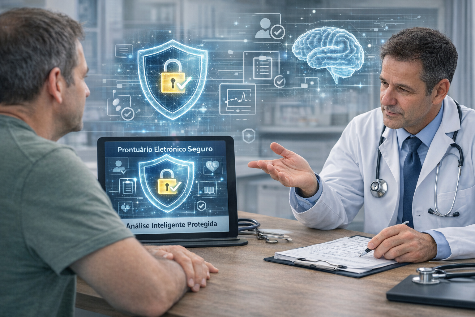 Médico e paciente em consulta com uso de inteligência artificial segura, exibindo prontuário eletrônico protegido por criptografia e controle de dados conforme a LGPD na saúde digital.