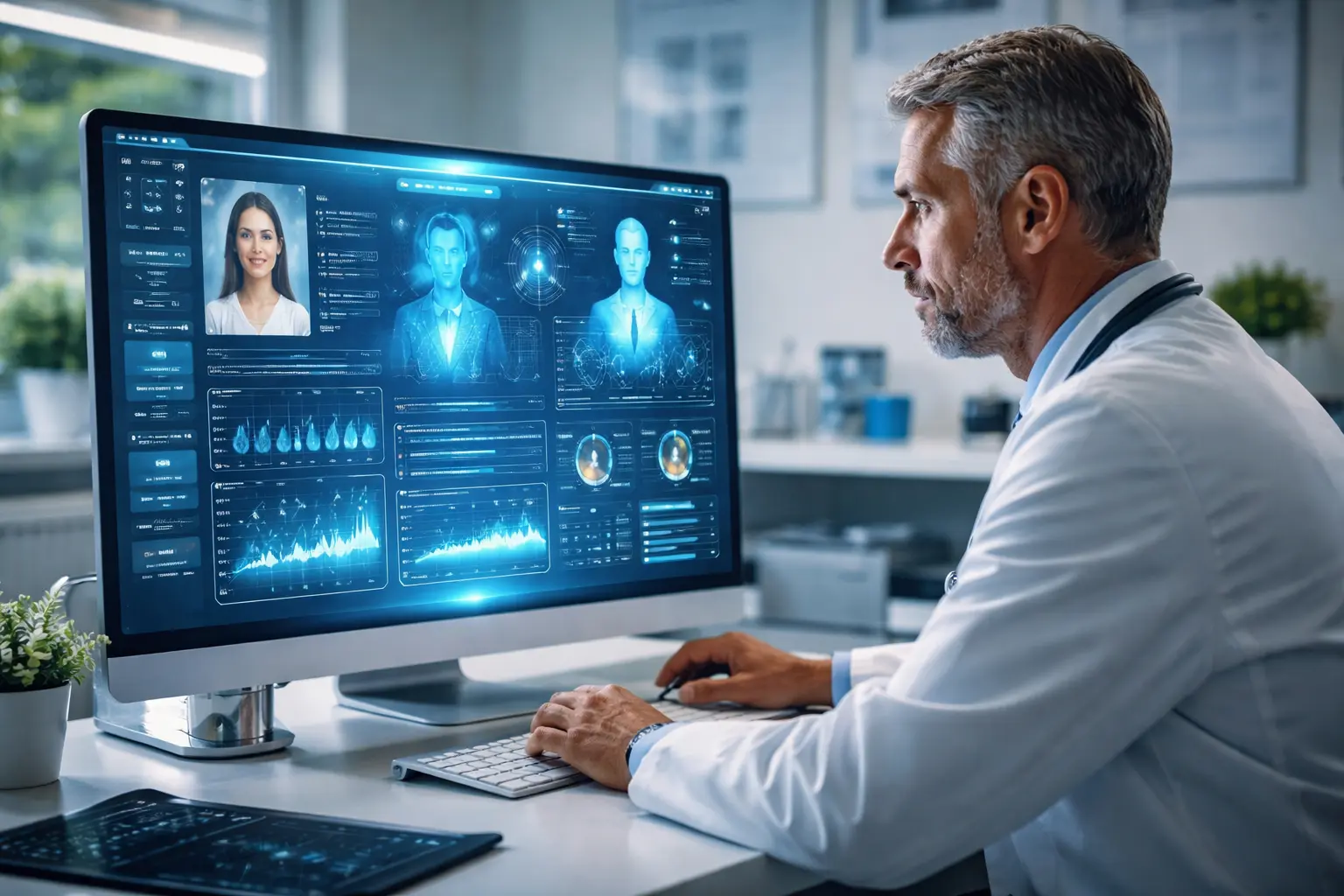 Médico analisando prontuário inteligente com IA dupla em tela digital moderna, com gráficos clínicos, exames e parecer pré-consulta exibidos em interface tecnológica avançada.