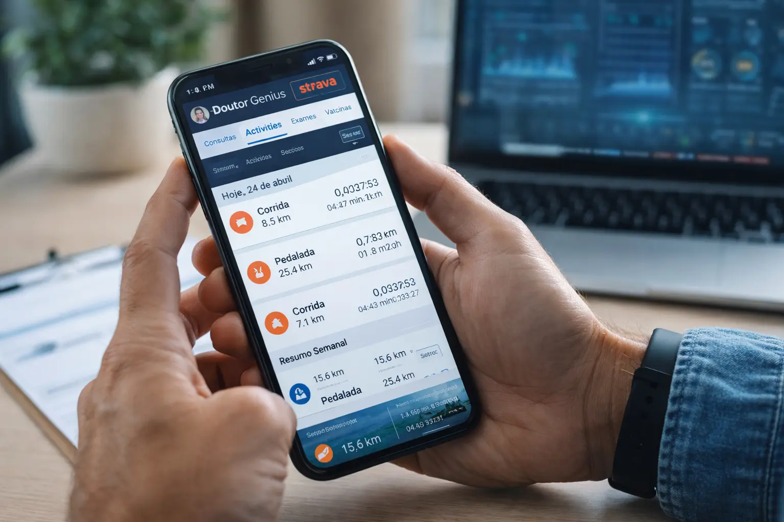 Pessoa segurando smartphone com aplicativo Doutor Genius integrado ao Strava exibindo dados de monitoramento de atividade física, como corrida e pedalada, em ambiente moderno de trabalho.