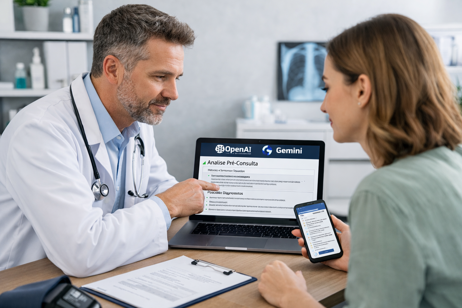 Médico analisando parecer clínico gerado por IA antes da consulta com paciente preparado