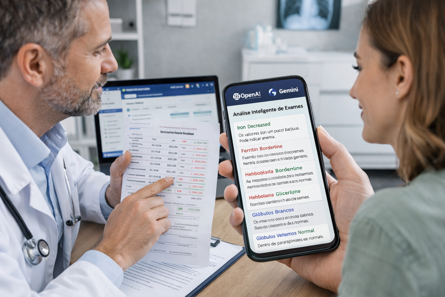 Médico e paciente analisando exame médico explicado por inteligência artificial no celular durante consulta