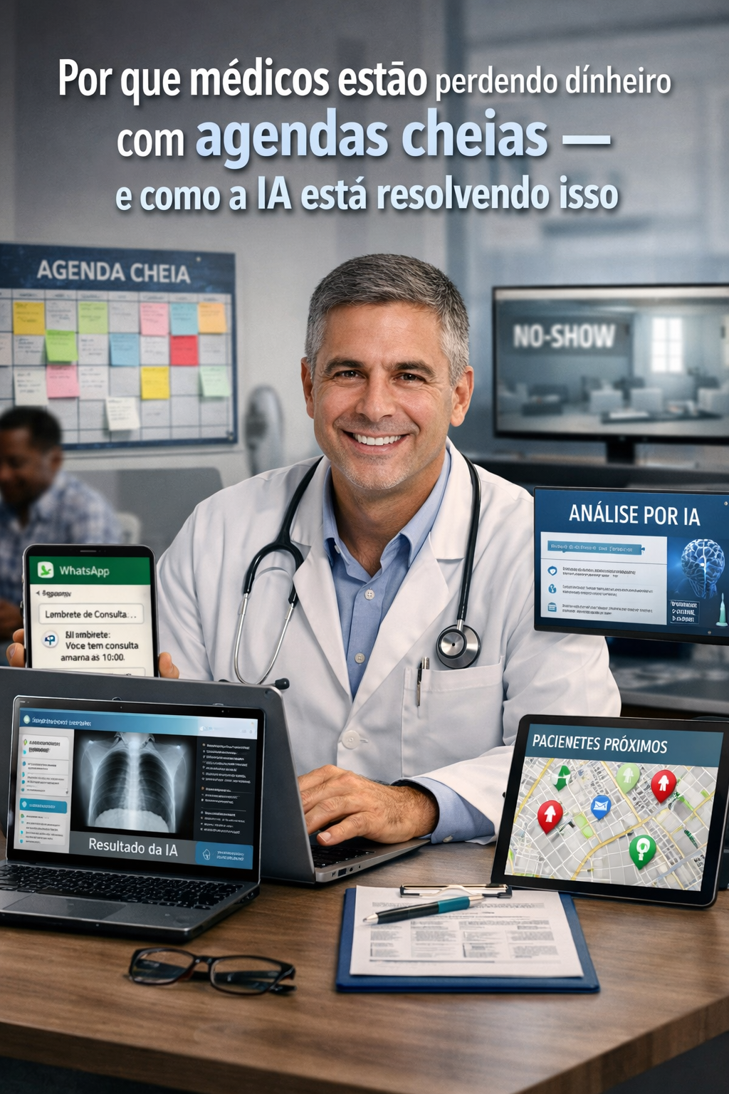 Médico em consultório com agenda cheia utilizando inteligência artificial para reduzir no-show, analisar exames e organizar atendimentos com tecnologia.