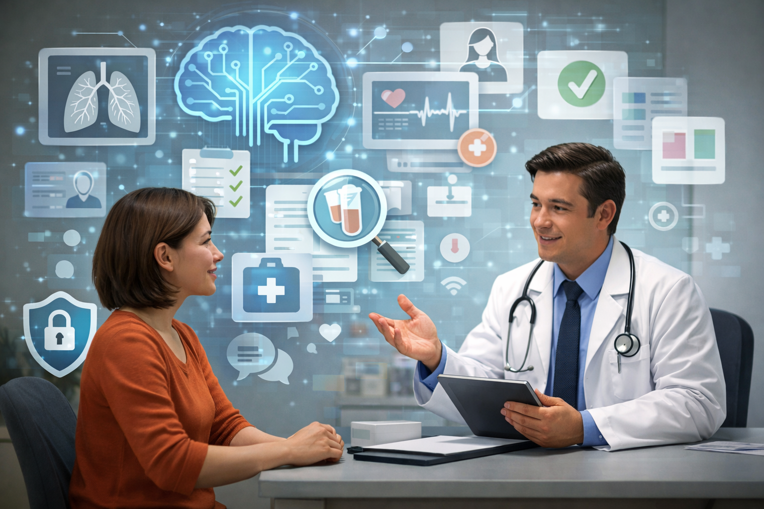 Médico conversa com paciente em consultório enquanto tecnologia de inteligência artificial organiza exames, dados de saúde e informações médicas ao fundo, representando a IA como apoio ao cuidado humano.