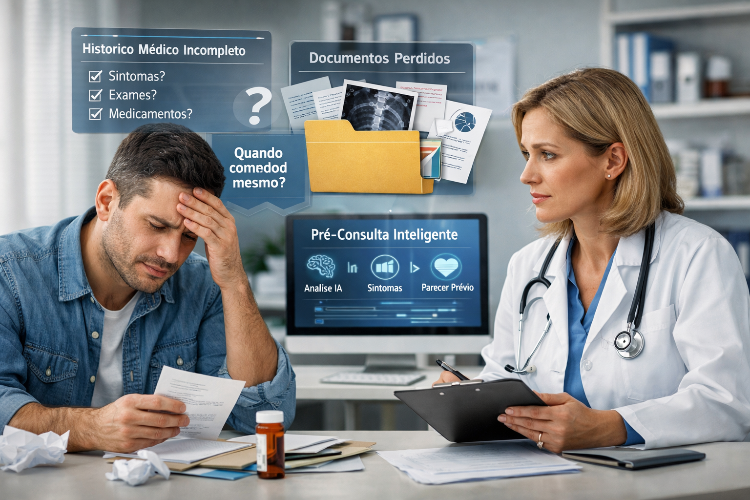 Paciente sem histórico organizado, exames espalhados e dúvidas não respondidas: o retrato da consulta improdutiva que a saúde digital veio transformar.