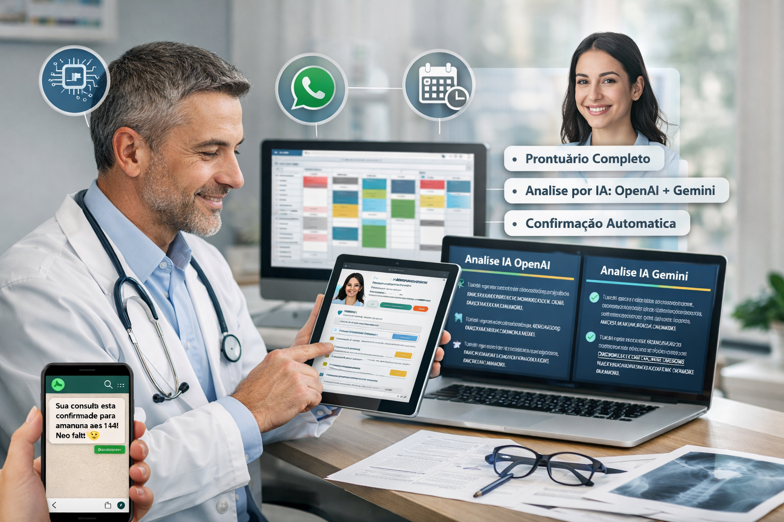 Médico em consultório moderno analisando pré-consulta médica inteligente em tablet, com agenda médica digital, confirmação automática por WhatsApp e análise clínica por inteligência artificial.