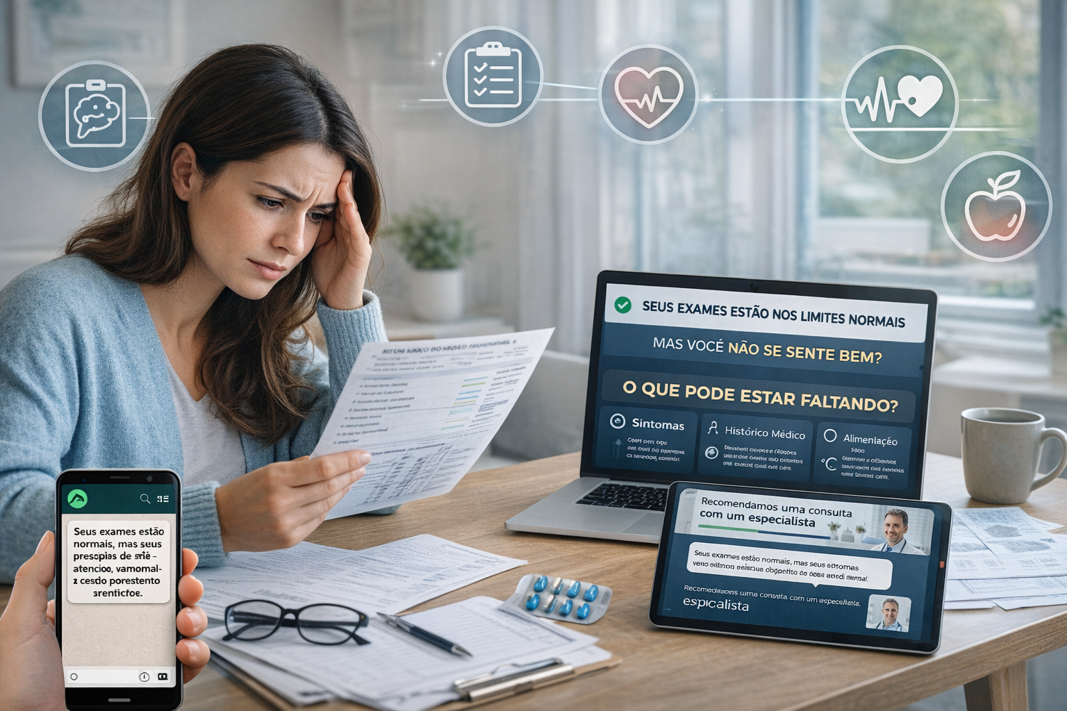 Paciente analisando exames médicos com resultados normais, mas apresentando preocupação com sintomas persistentes, enquanto utiliza tecnologia de saúde digital para análise integrada.