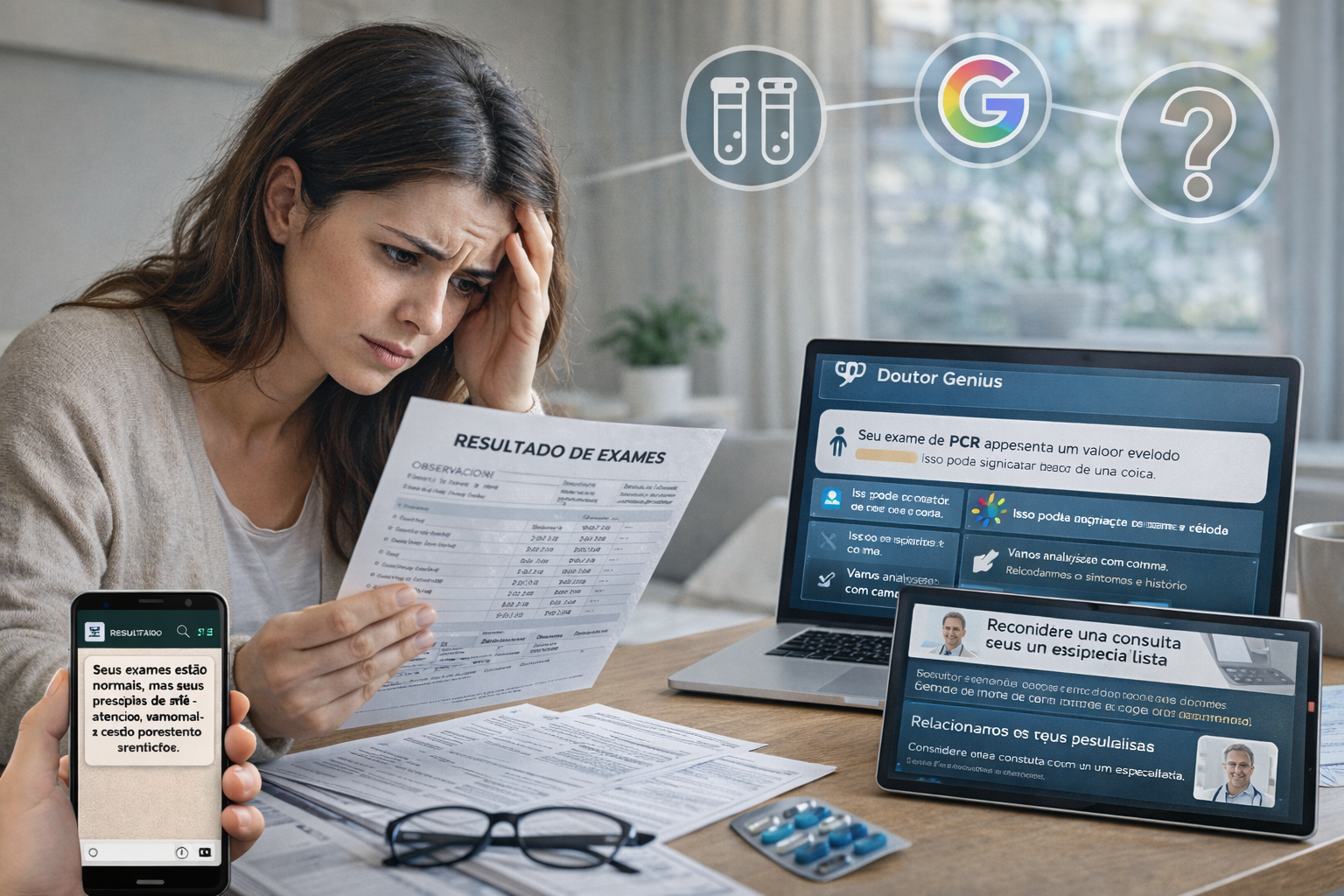 Paciente analisando laudo de exame médico com expressão de preocupação, enquanto utiliza tecnologia digital que explica resultados e orienta sobre próximos passos de forma clara e contextualizada.