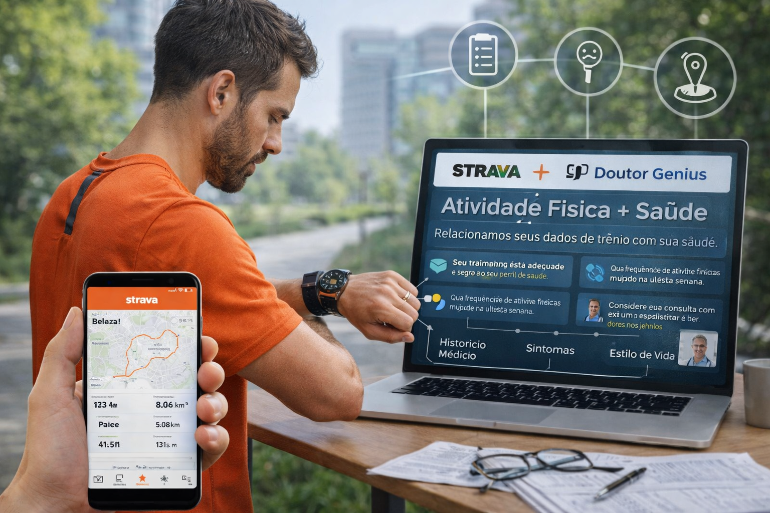 Homem praticando corrida ao ar livre enquanto analisa dados do Strava em smartwatch e smartphone, com interpretação de atividade física integrada à saúde exibida em uma plataforma digital.