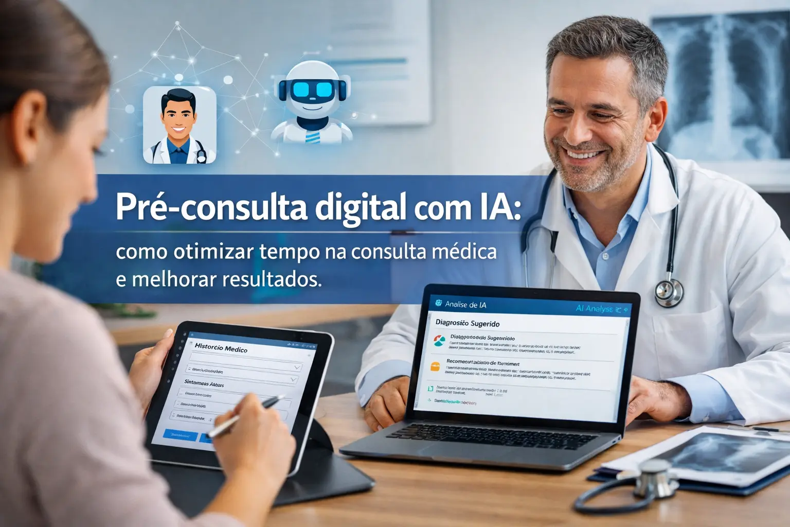 Médico sorridente atendendo paciente em consultório enquanto analisa dados em notebook com interface de inteligência artificial. Paciente utiliza tablet para preencher informações médicas, representando o conceito de pré-consulta digital com IA e otimização do tempo clínico.